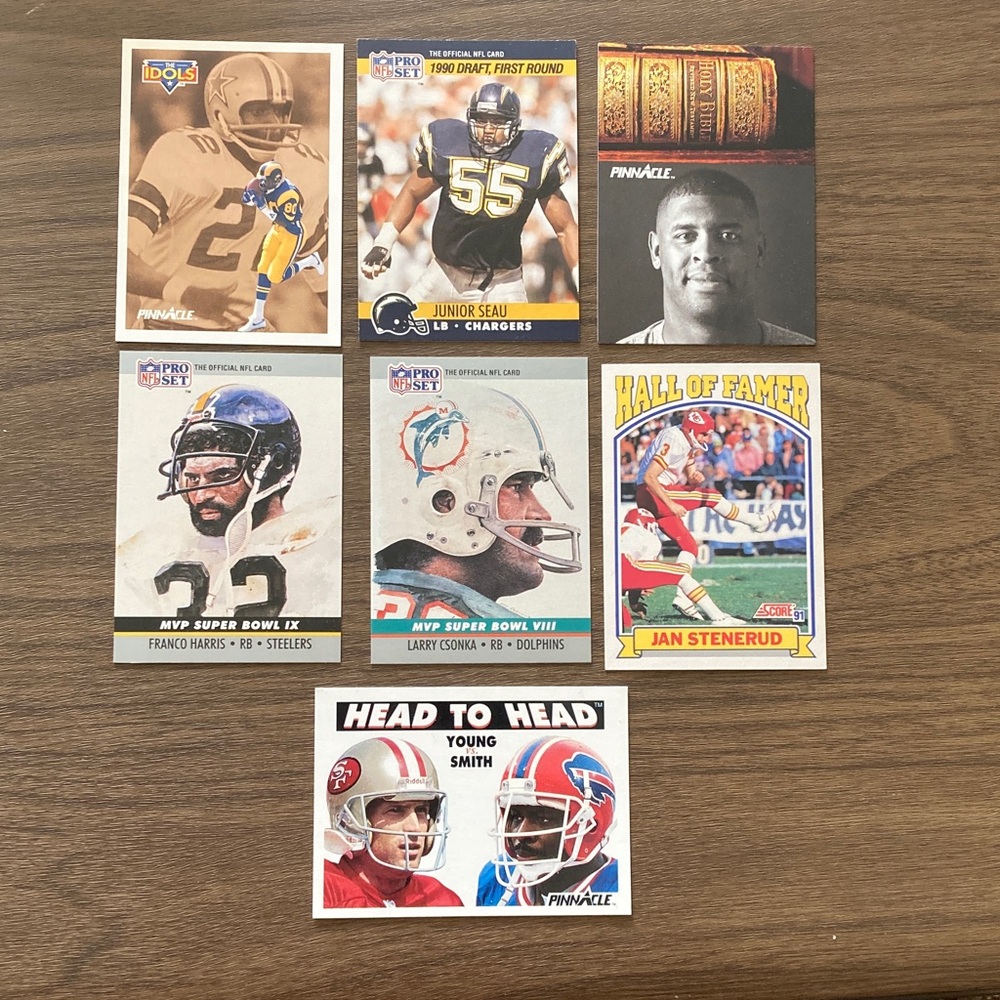 Set of 7 cards, NFL football greats from the 1990s and earlier.